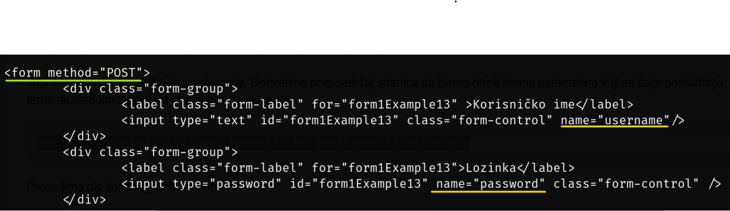 Forma na web stranici http://chal.platforma.hacknite.hr:10010/registration.php na kojoj ćemo registraciju izvršiti pomoću curla